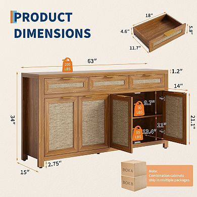 Farmhouse Buffet Sideboard Cabinet Storage Credenza with Rattan Panels, Adjustable Shelves