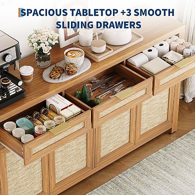 Farmhouse Buffet Sideboard Cabinet Storage Credenza with Rattan Panels, Adjustable Shelves