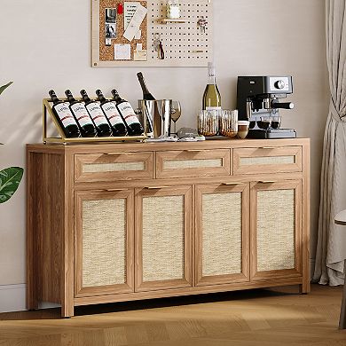 Farmhouse Buffet Sideboard Cabinet Storage Credenza with Rattan Panels, Adjustable Shelves