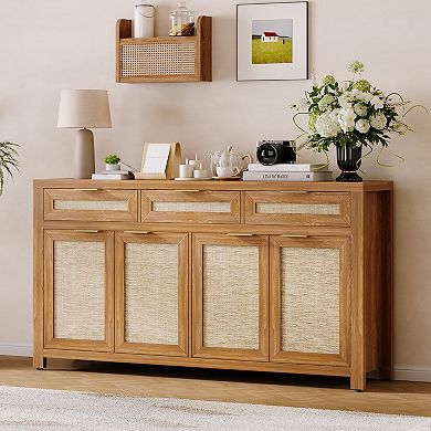 Farmhouse Buffet Sideboard Cabinet Storage Credenza with Rattan Panels, Adjustable Shelves