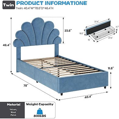Bed Frame for Kids, with 2 Storage Drawers, Upholstered Headboard, Wood Slats Support
