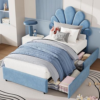Bed Frame for Kids, with 2 Storage Drawers, Upholstered Headboard, Wood Slats Support