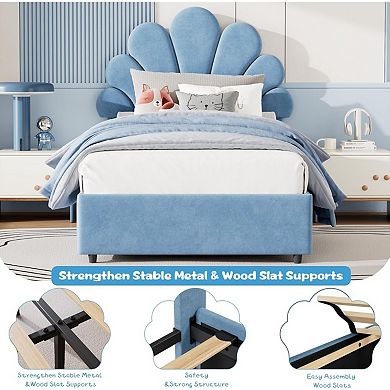 Bed Frame for Kids, with 2 Storage Drawers, Upholstered Headboard, Wood Slats Support