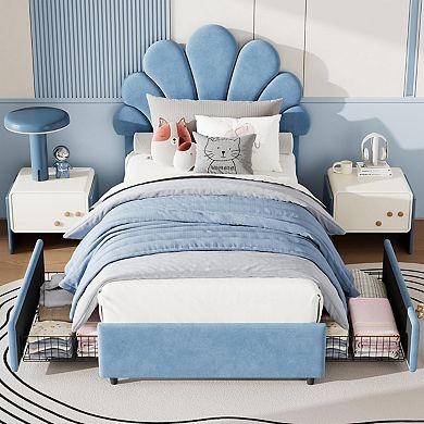 Bed Frame for Kids, with 2 Storage Drawers, Upholstered Headboard, Wood Slats Support