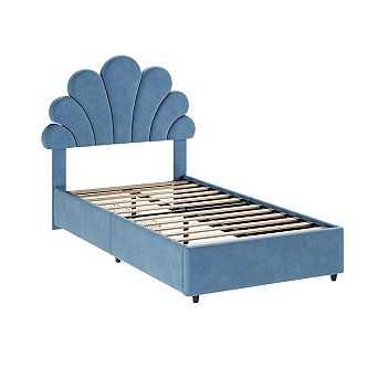 Bed Frame for Kids, with 2 Storage Drawers, Upholstered Headboard, Wood Slats Support