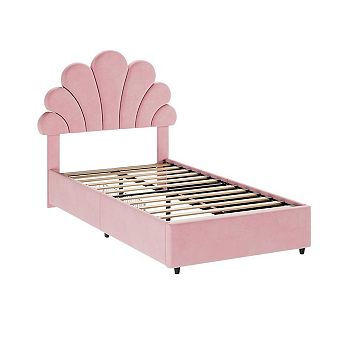 Bed Frame for Kids, with 2 Storage Drawers, Upholstered Headboard, Wood Slats Support