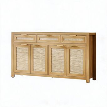 Farmhouse Buffet Sideboard Cabinet Storage Credenza with Rattan Panels, Adjustable Shelves