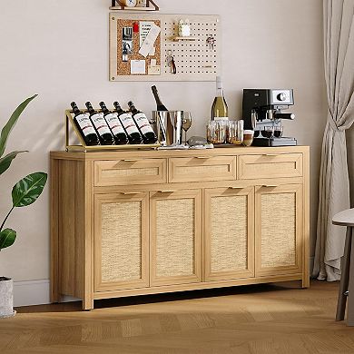 Farmhouse Buffet Sideboard Cabinet Storage Credenza with Rattan Panels, Adjustable Shelves