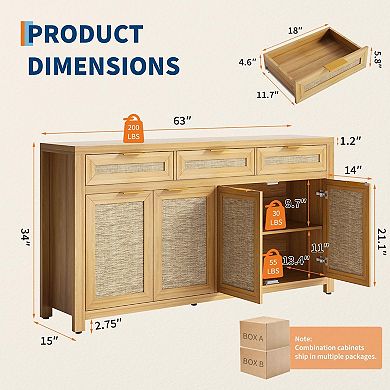 Farmhouse Buffet Sideboard Cabinet Storage Credenza with Rattan Panels, Adjustable Shelves