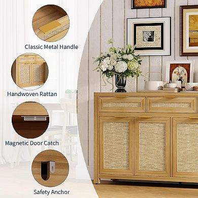 Farmhouse Buffet Sideboard Cabinet Storage Credenza with Rattan Panels, Adjustable Shelves
