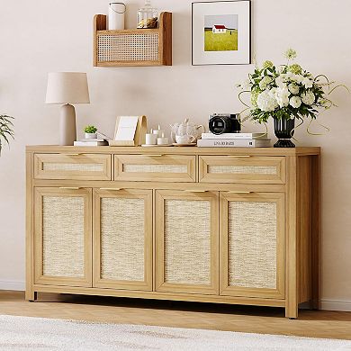 Farmhouse Buffet Sideboard Cabinet Storage Credenza with Rattan Panels, Adjustable Shelves