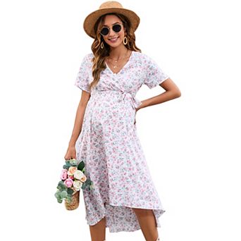 Maternity V-Neck Short Sleeve High-Low Dress, Tie Waist Casual Dress