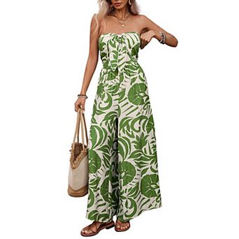 Women's Summer Wide Leg Straight Long Jumpsuit Tie Front Print Strapless Casual Smocked Back Outfit