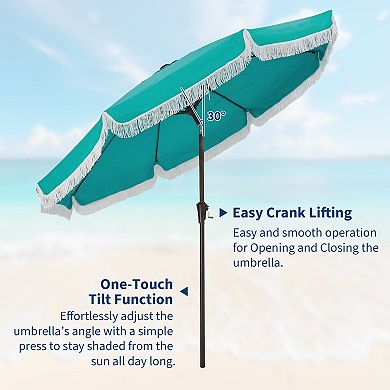 Tassel Outdoor Beach Umbrella, 9ft Adjustable Tilting Sun Protection Umbrella for Patio Deck Yard