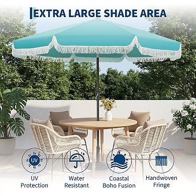 Tassel Outdoor Beach Umbrella, 9ft Adjustable Tilting Sun Protection Umbrella for Patio Deck Yard
