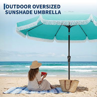 Tassel Outdoor Beach Umbrella, 9ft Adjustable Tilting Sun Protection Umbrella for Patio Deck Yard