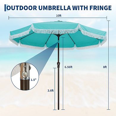 Tassel Outdoor Beach Umbrella, 9ft Adjustable Tilting Sun Protection Umbrella for Patio Deck Yard