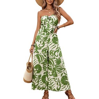 Women's Strapless Print Wide Leg Straight Long Jumpsuit Tie Front Casual Summer Smocked Back Outfit