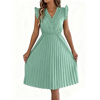 Women's Lace V Neck Pleated Midi Dress Feminine Ruffle Short Sleeve Summer Casual Flowy Swing Dress