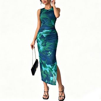 Women's Summer Casual Print Bodycon Maxi Dress Side Slit Sleeveless Crew Neck Slim Fit Long Dress