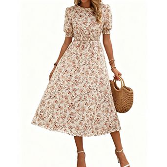 Women's Floral Print Puff Smocked Waist Short Sleeve Summer Midi Dress Crew Neck Flowy Casual Dress