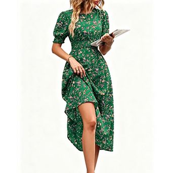 Women's Floral Print Puff Smocked Waist Short Sleeve Summer Midi Dress Crew Neck Flowy Casual Dress
