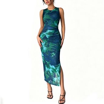 Women's Bodycon Side Slit Maxi Dress Summer Casual Sleeveless Crew Neck Slim Fit Print Long Dress