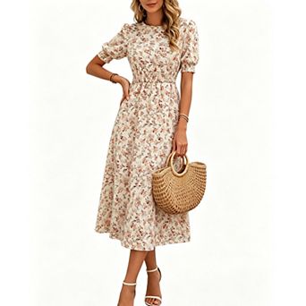 Women's Floral Print Puff Short Sleeve Smocked Waist Midi Dress Summer Casual Crew Neck Flowy Dress