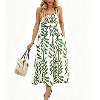 Women's Print Tie Strap Summer Casual Maxi Dress Smocked Back Sleeveless Flowy Swing Long Dress