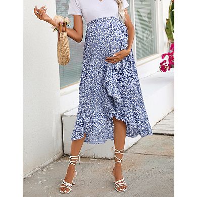 Maternity Floral Midi Skirt Ruffle Hem A Line Casual Skirt
