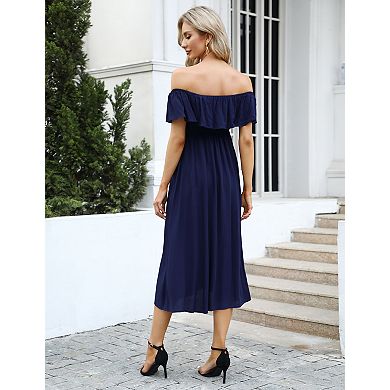 Women’s Off Shoulder Maternity Dress Ruffle Trim Side Slit Maxi Dress