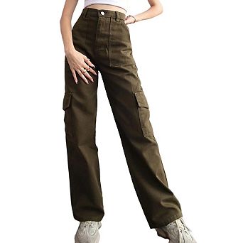 Women Straight Cargo Baggy Trousers Casual High Waist Slim Pants With Pockets
