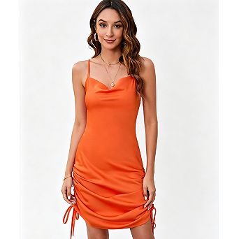 Women’s V Neck Drawstring Cami Dress Sleeveless Bodycon Midi Dress