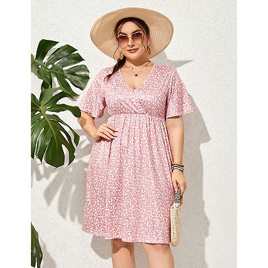 Women’s Plus Size Printed V Neck Dress Short Sleeve Knee Length Dress