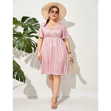 Women’s Plus Size Printed V Neck Dress Short Sleeve Knee Length Dress