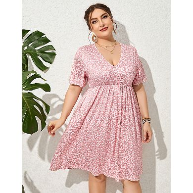Women’s Plus Size Printed V Neck Dress Short Sleeve Knee Length Dress