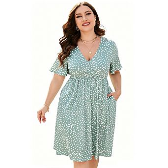 Women’s Plus Size Printed V Neck Dress Short Sleeve Knee Length Dress