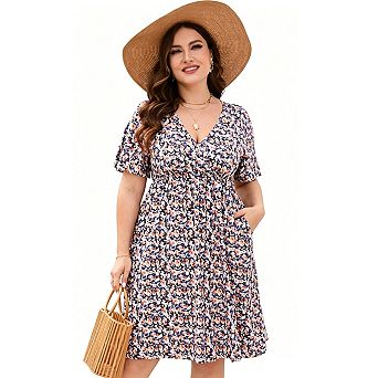Women’s Plus Size Printed V Neck Dress Short Sleeve Knee Length Dress
