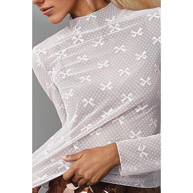 Women's Elegant Sheer Mesh Lace Long Sleeve Base Layer Top