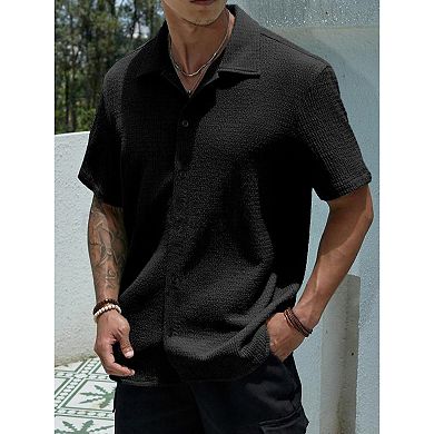 Men's Textured Short Sleeve Shirt, Camp Collar Button Down Blouse