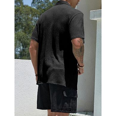 Men's Textured Short Sleeve Shirt, Camp Collar Button Down Blouse