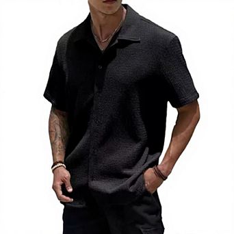 Men's Textured Short Sleeve Shirt, Camp Collar Button Down Blouse