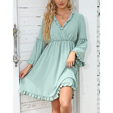 Women’s Bell Sleeve V Neck Ruffle Trim A Line Dress Knee Length