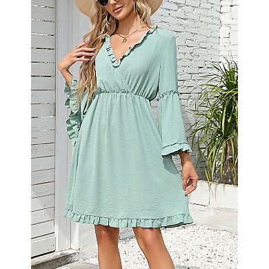 Women’s Bell Sleeve V Neck Ruffle Trim A Line Dress Knee Length