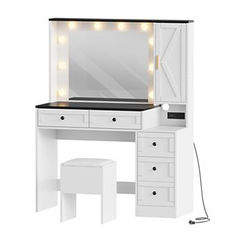 Wooden Makeup Vanity Desk with Stool, 3-Mode Mirror 5 Drawers Cabinet Charging Station