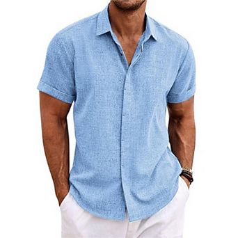 Men's Short Sleeve Linen Cotton Shirt, Casual Button-Down Blouse