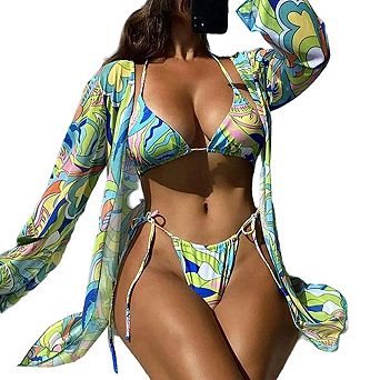 Womens Modest 3 pc Bikini Set High Waist Tummy Control Printed Swimwear with Long Sleeve Cover Up