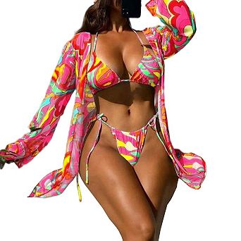 Womens Modest 3 pc Bikini Set High Waist Tummy Control Printed Swimwear with Long Sleeve Cover Up