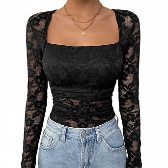 Women's Square Neck Lace Long Sleeve Top, Ruched Waist Blouse
