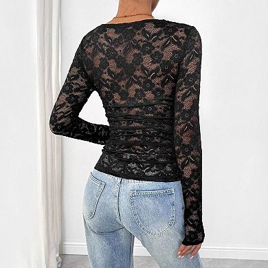 Women's Square Neck Lace Long Sleeve Top, Ruched Waist Blouse